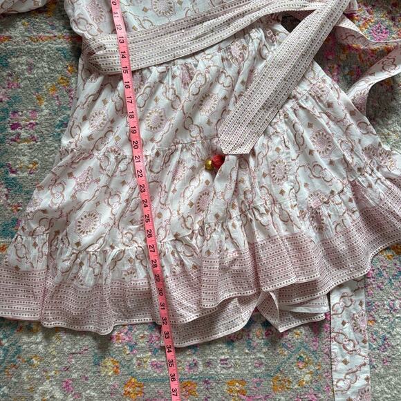 Bell by Alicia Bell Lucy Pink Gold Motif White Puff Sleeves Wrap Mini Dress XS - Picture 11 of 16